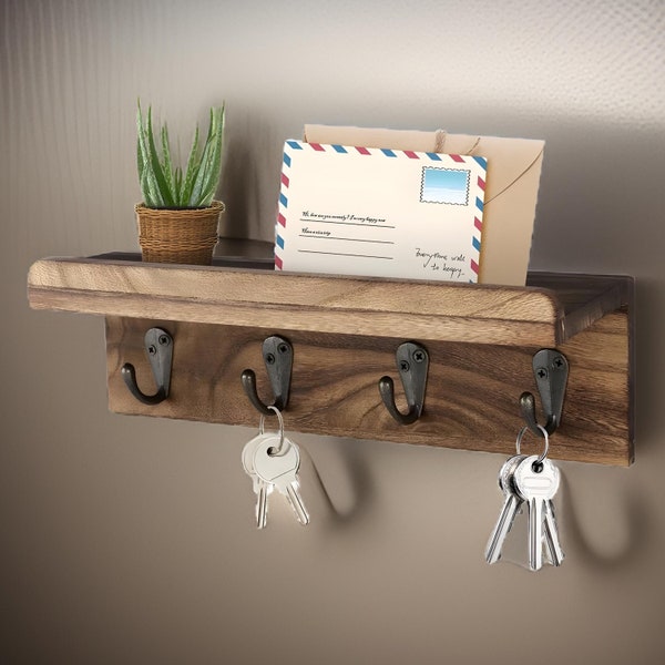 Rustic Key Holder for Wall, Farmhouse Wall Shelf with 4 Hooks, Wall Mounted Key Racks, Wooden Mail Organiser with Hooks
