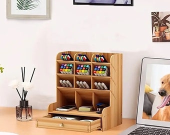 Wooden Desk Organiser Multi-Functional DIY Pen Holder Storage Box Desktop Stationary Storage