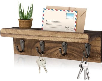 Rustic Key Holder for Wall, Farmhouse Wall Shelf with 4 Hooks, Wall Mounted Key Racks, Wooden Mail Organiser with Hooks