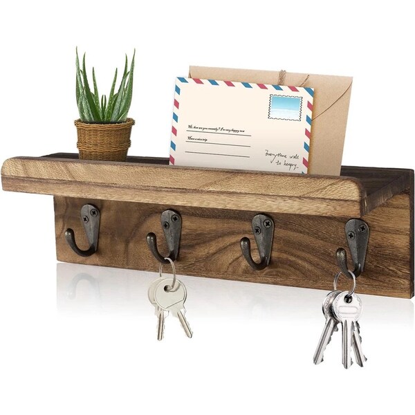 Rustic Key Holder for Wall, Farmhouse Wall Shelf with 4 Hooks, Wall Mounted Key Racks, Wooden Mail Organiser with Hooks