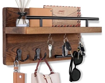 Rustic Key Holder for Wall, Farmhouse Wall Shelf, Wall Mounted Key Racks, Wooden Mail Organiser with Hooks