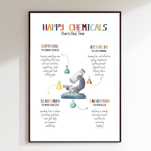 Happy Chemicals Poster, Therapy Office Decor, Mental Health Poster, Anxiety Relief, Calming Corner, School Psychology,Happiness Hormones.