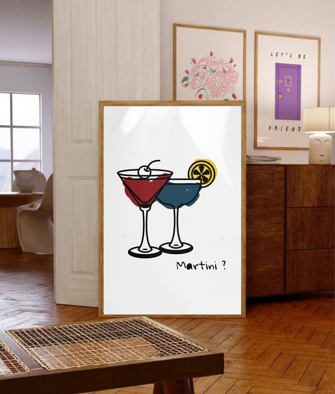 Martini Print Bar Art Print Minimalist Cocktail Poster Red Bar Cart ...