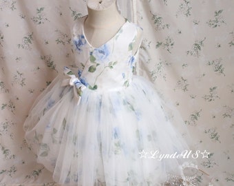 Blue Rose Floral Girl Dress, Sleeveless Tulle Girl Dress, First Birthday Girl Dress, Communion Dresses Baptism Dresses Ivory Girl Dress