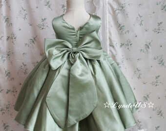 Pale Green Satin Girl Dress, Flower Girl Dress with Large Detachable Bow Knot, Fairy Girl Dress Girl Birthday Party Dress First Communion