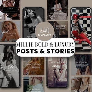 May include: A collage of 240 Instagram post and story templates in a bold and luxurious style. The templates feature black and white photos of women, text overlays, and geometric patterns. The text "Millie Bold & Luxury Posts & Stories" is featured in the center of the image.