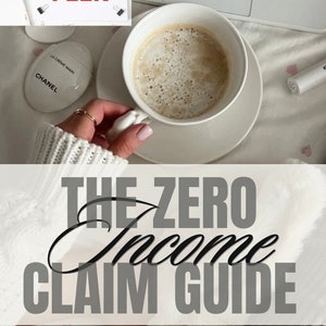 Peut inclure: Image esthétique avec une tasse de café blanche sur une soucoupe, un ordinateur portable et un bloc-notes avec le texte "SNEAK PEEK". Un flacon de crème pour les mains Chanel est également visible. L'image fait la promotion de "THE ZERO Income CLAIM GUIDE".