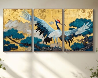 May include: A three-piece canvas print set featuring a blue and white crane with red accents, perched on a branch of a blue pine tree against a gold background.