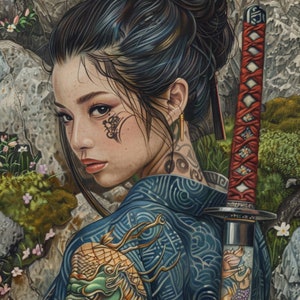 Elegante dipinto digitale di donna samurai guerriera / Stampa artistica di geisha orientale / Decorazione samurai / Splendido ritratto di samurai