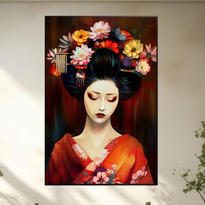 Digital Art Print of Stunning Japanese Geisha - Intricately Detailed Illustration