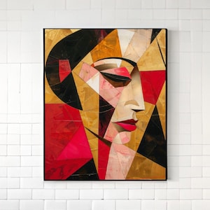 Puede incluir: Pintura de retrato abstracto de la cara de una mujer en estilo geométrico. La pintura presenta una mezcla de colores rojo, negro, dorado y blanco.