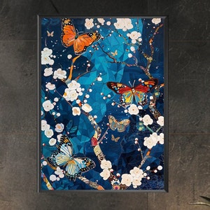Pode incluir: Uma impressão de arte digital que apresenta um fundo azul com flores brancas e borboletas coloridas. As borboletas estão em várias posições, algumas com as asas abertas e outras com as asas fechadas. A impressão tem um padrão geométrico.