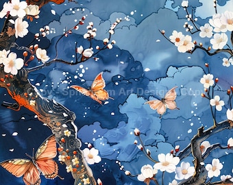 Japanese Cherry Blossom Butterfly Art Print | Enchanting Wall Decor (Digital Download)