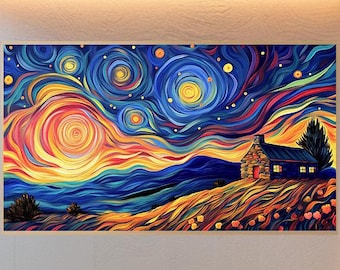 Starry Night Landscape Art Print – Abstract Star Trails Painting (Digital Download)