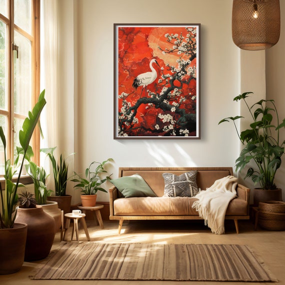Japanese Cherry Blossom Painting Digital | Crane Art | East