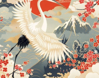 May include: A white crane with black legs and a red sun in the background. The crane is flying with its wings spread wide. The background is a blue and gold mountain scene with cherry blossoms.
