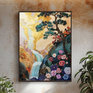 Tranquil Waterfall Scene Print - Japanese Inspired Wall Art