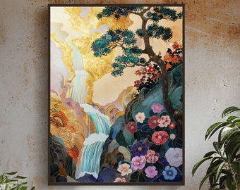 Tranquil Waterfall Scene Print - Japanese Inspired Wall Art