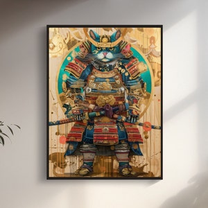 Adorable Meow-warrior: Japanese Samurai Cat Wall Art Print