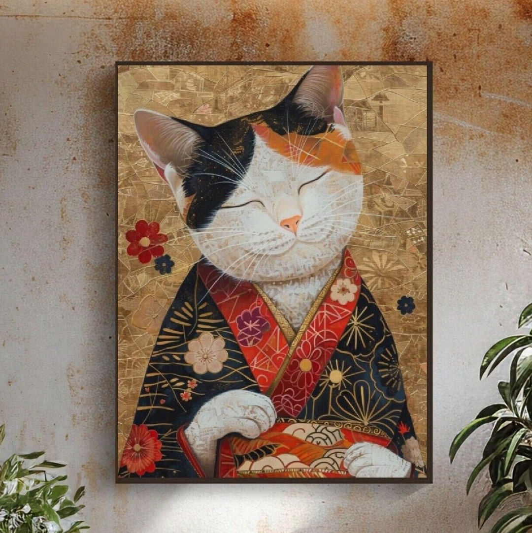 Charming Japanese Cat in Kimono Digital Art Print - Asian-inspired Wall ...