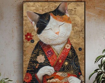 Charming Japanese Cat in Kimono Digital Art Print - Asian-Inspired Wall Decor