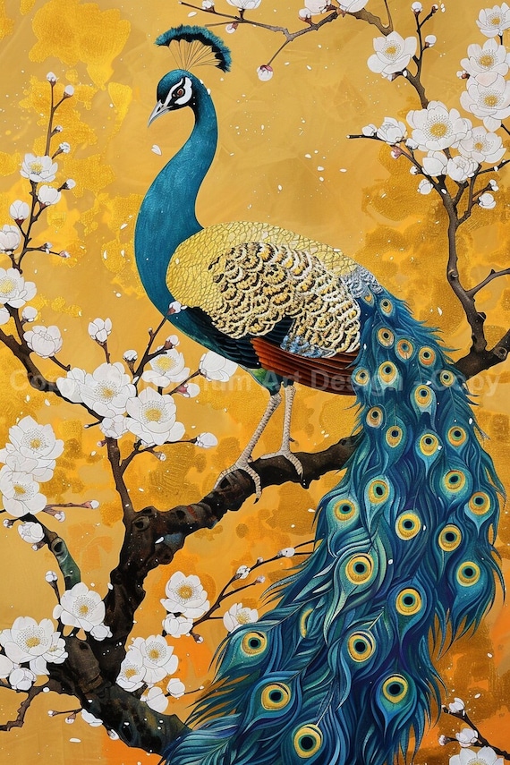 Japanese Peacock Painting - Digital Wall Art Download - Asian Art