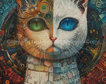 Exquisite Cat Painting | Whimsical Cat Wall Art | Oriental Digital Painting | Instant Downloadable Artwork | Unique Japanese Cat Art