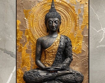 May include: A black and gold Buddha statue with a serene expression, sitting in a meditative pose against a textured gold background.