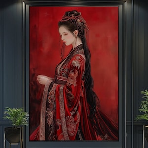 Elegant Ancient Chinese Woman Portrait in Vibrant Red - Digital Art Print
