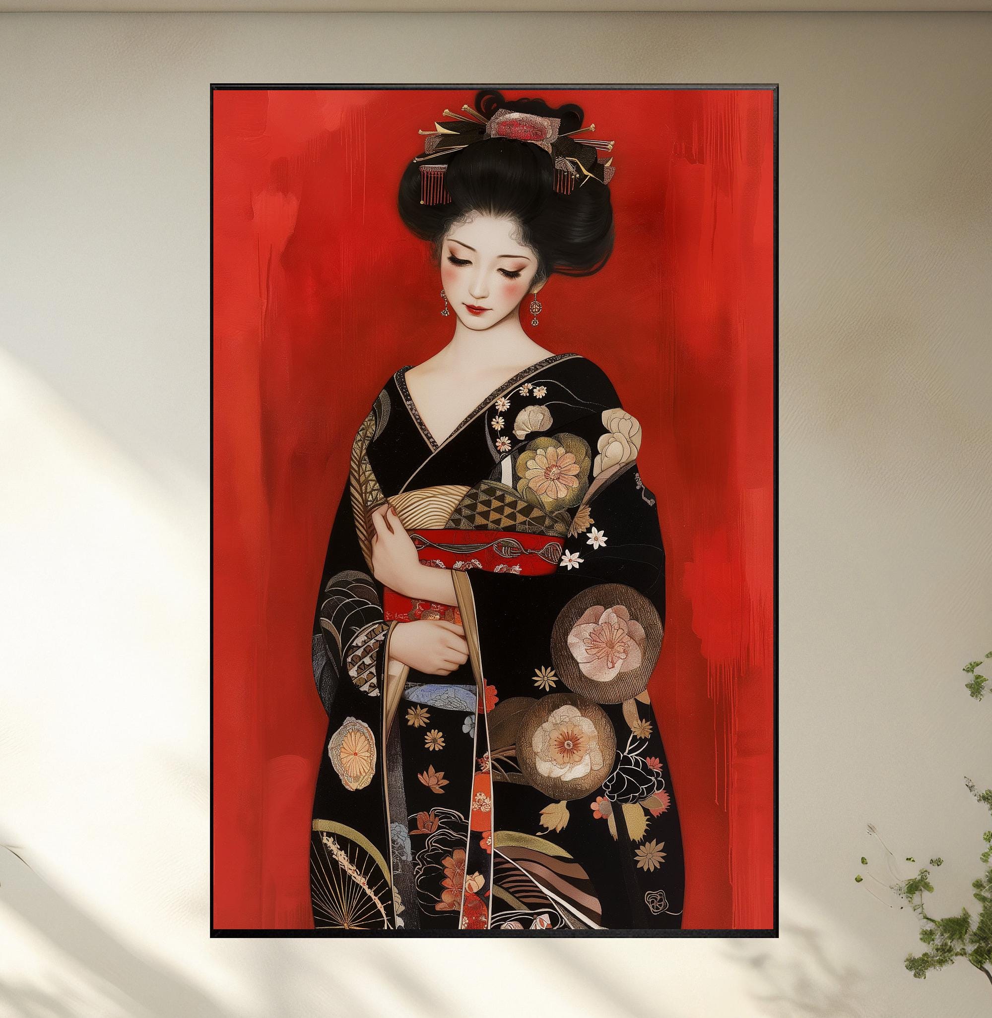 Elegant Geisha Digital Painting in Black and Red - Japanese Inspired Wall Art | Japanese Geisha Digital Art Print - Oriental Wall Decor
