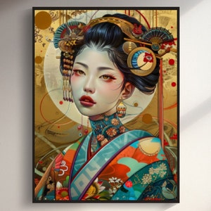 Elegant Modern Japanese Geisha Digital Art Print - Wall Decor