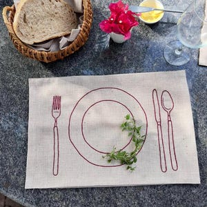 Hand-Embroidered Linen Placemat: Minimalist Cutlery Design