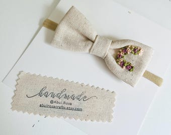 Embroidered Initial Linen Baby Bow, Neutral Floral Monogram