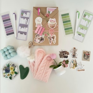 May include: A collection of craft supplies including a brown paper package with stickers, a pink fuzzy sock, a green heart-shaped tool, a small potted plant, a white pom-pom, a blue bubble bath, and a variety of stickers with floral and animal designs.