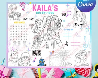 KPop Demon Hunters Birthday Activity Tablemat | Edytowalna kolorowanka (cyfrowa)