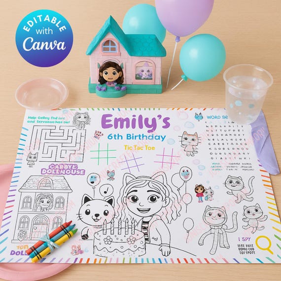 Dollhouse Editable Activity Placemat | Dollhouse Activity Page | Gabby Cat Birthday Activity Party Favor | Gabby's games and coloring page