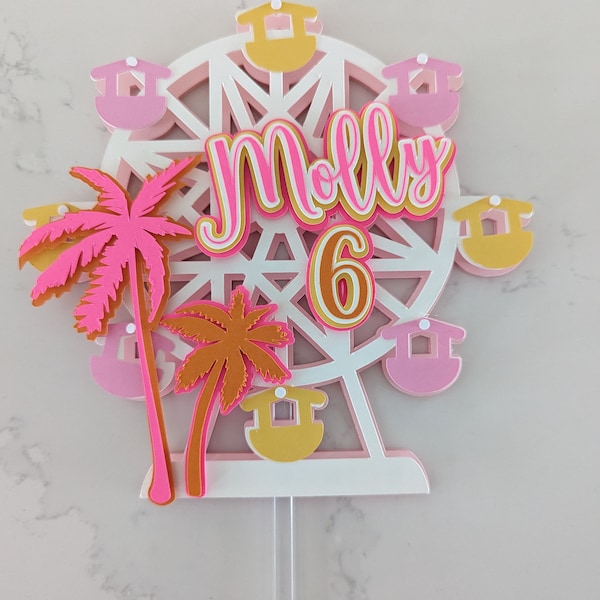 Music Festival Cake Topper Featuring a Ferris Wheel and Palm Trees in Vibrant Colors • Groovy Party Theme • Boho Birthday Theme