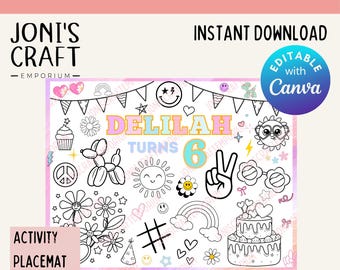 May include: A Preppy Activity Playmat with the text "DELILAH TURNS 6". The placemat is 11" by 8.5" and features various black and white illustrations, including a cake, flowers, and a peace sign. The design is editable with Canva.
