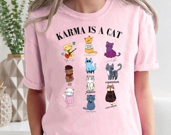 Karma kattenshirt | Taylor tijdperken Cat Lover Tee | Swiftie Middernachten Kat T-shirt | Merch-outfit | Dierenliefhebber cadeau | Schattig katachtig T-shirt, tijdperken shirt