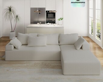 With six pillows, this contemporary modular L-shaped upholstered sectional sofa couch set