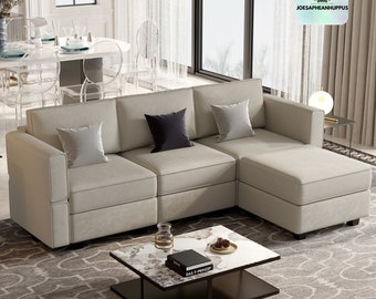 L-shaped velvet couch with reversible chaise and modular sectional sofa