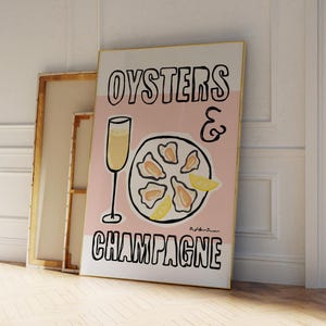 Muurkunst oester en champagne kleurrijk, modern keukendecor, print zeevruchtenliefhebber, vintage wijnprint, champagneprint, nautisch, INGELIJST