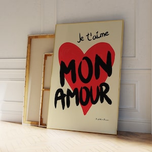 Mon Amour プリント | 愛の言葉プリント | ハートアートプリント | ミッドセンチュリーアートプリント | 愛のプリント | フランスのポスター | トレンディな言葉プリント | 愛のスケッチ