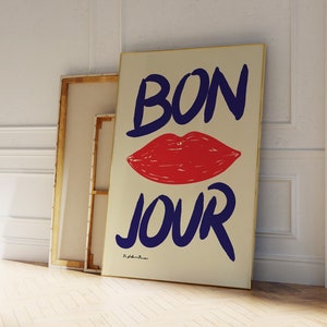 Bon Jour kus afdrukken | Goedemorgen kunstprint | Halverwege de eeuw afdrukken | Liefde afdrukken | Esthetische afdruk | Kus liefde afdrukken | Vet lettertype Art Print