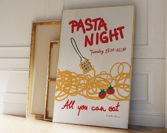 Pasta Night Print | Spaghetti Poster | Food Print | Modern Kitchen Decor | Pasta Print | Retro Wall Art | Trendy Red Print | Kitchen Print