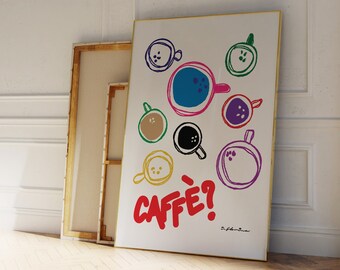 Cafe-poster | Retro koffiekopjes print | Moderne keukenmuurkunst