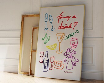 Fancy a Drink Print | Pop Art Food Print | Vintage Food Poster | Wine Print | Bar Cart Print | Modern Kitchen Print | Retro Drink Print