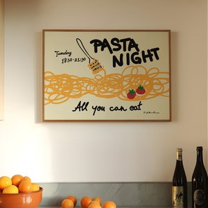 Pasta Night Horizontal Print | Spaghetti Poster | Food Print | Modern Kitchen Art | Pasta Print | Narrow Wall Art | Horizontal Kitchen Print