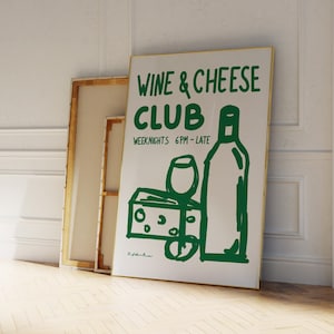 Wine and Cheese Club Print | Retro Food Poster | Vintage Wine Print | Mid Century Modern Print | Retro Drink Print | Modern Kitchen Wall Art