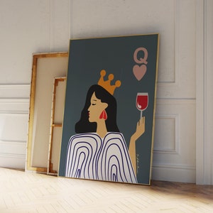 Królowa Kier Wino Wydruk | Sztuka Ścienna Mid Century Modern | Gra Karciana Poker Królowa Kier Wydruk | Plakat Królowa Kier | Sztuka Ścienna Do Kuchni